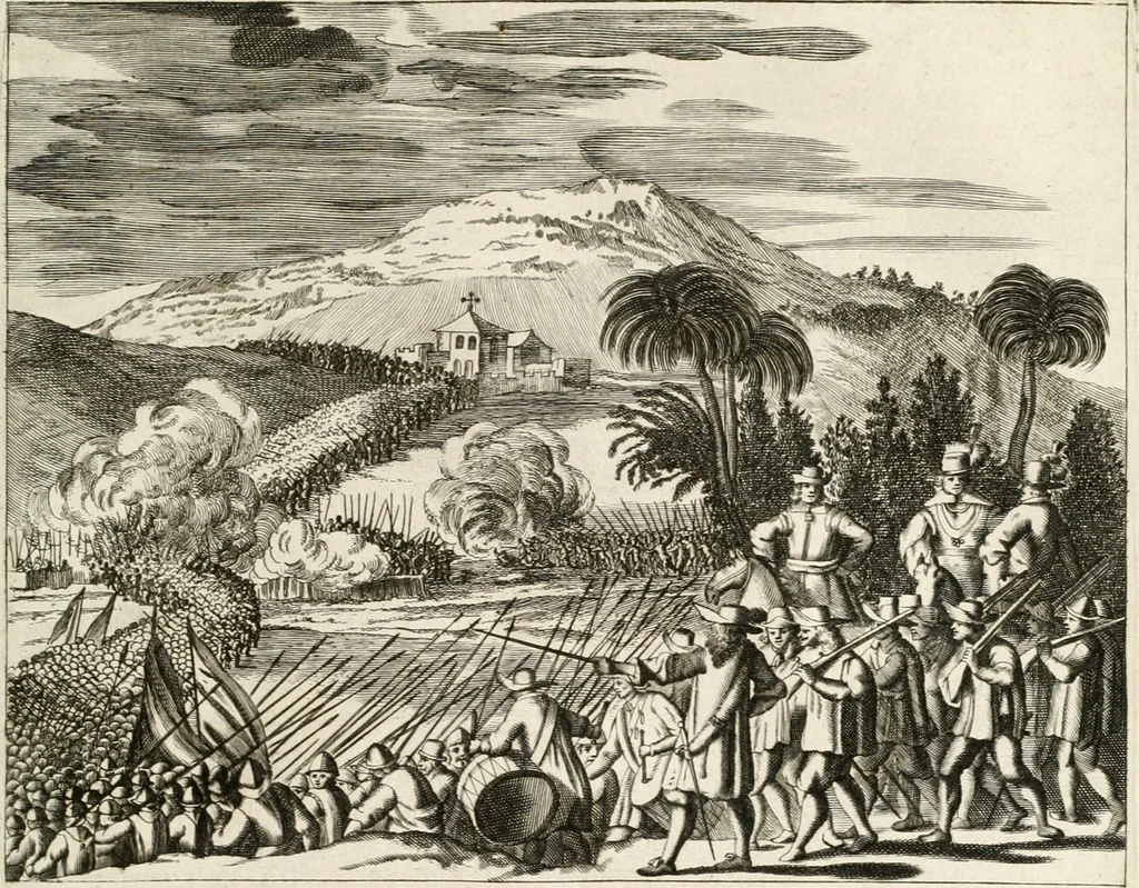 An illustration from De nieuwe en onbekende weereld, of, Beschryving van America en 't zuid-land : vervaetende d'oorsprong der Americaenen en zuid-landers, gedenkwaerdige togten derwaerds, gelegendheid der vaste kusten, eilanden, steden, sterkten, dorpen, tempels, bergen, fonteinen, stroomen, huisen, de natuur van beesten, boomen, planten en vreemde gewasschen, Gods-dienst en zeden, wonderlijke voorvallen, vereeuwde en nieuwe oorlogen: verciert met af-beeldsels na 't leven in America gemaekt,, 1671, leaf 568