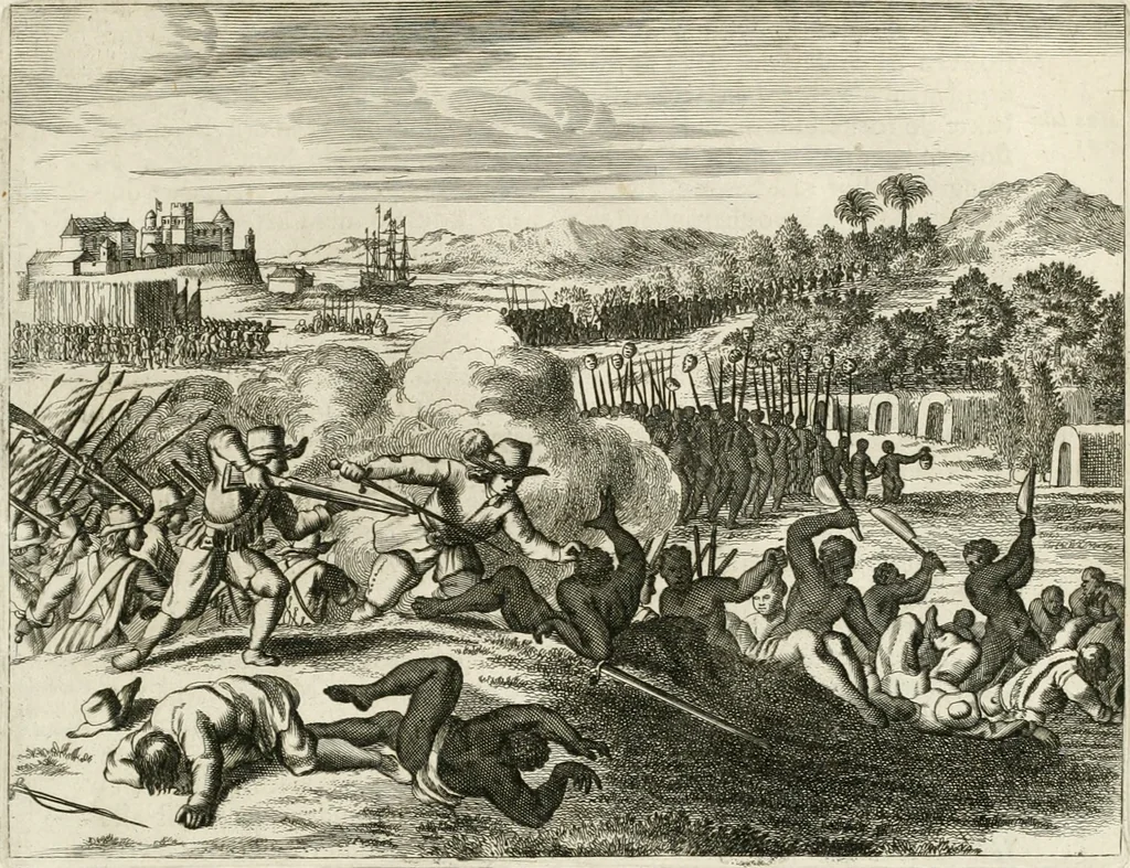 An illustration from De nieuwe en onbekende weereld, of, Beschryving van America en 't zuid-land : vervaetende d'oorsprong der Americaenen en zuid-landers, gedenkwaerdige togten derwaerds, gelegendheid der vaste kusten, eilanden, steden, sterkten, dorpen, tempels, bergen, fonteinen, stroomen, huisen, de natuur van beesten, boomen, planten en vreemde gewasschen, Gods-dienst en zeden, wonderlijke voorvallen, vereeuwde en nieuwe oorlogen: verciert met af-beeldsels na 't leven in America gemaekt,, 1671, leaf 570