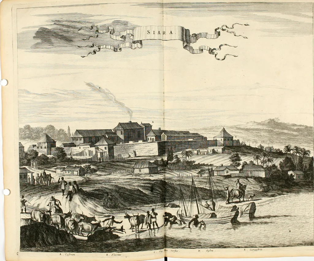 An illustration from De nieuwe en onbekende weereld, of, Beschryving van America en 't zuid-land : vervaetende d'oorsprong der Americaenen en zuid-landers, gedenkwaerdige togten derwaerds, gelegendheid der vaste kusten, eilanden, steden, sterkten, dorpen, tempels, bergen, fonteinen, stroomen, huisen, de natuur van beesten, boomen, planten en vreemde gewasschen, Gods-dienst en zeden, wonderlijke voorvallen, vereeuwde en nieuwe oorlogen: verciert met af-beeldsels na 't leven in America gemaekt,, 1671, leaf 573
