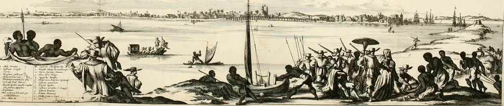 An illustration from De nieuwe en onbekende weereld, of, Beschryving van America en 't zuid-land : vervaetende d'oorsprong der Americaenen en zuid-landers, gedenkwaerdige togten derwaerds, gelegendheid der vaste kusten, eilanden, steden, sterkten, dorpen, tempels, bergen, fonteinen, stroomen, huisen, de natuur van beesten, boomen, planten en vreemde gewasschen, Gods-dienst en zeden, wonderlijke voorvallen, vereeuwde en nieuwe oorlogen: verciert met af-beeldsels na 't leven in America gemaekt,, 1671, leaf 587