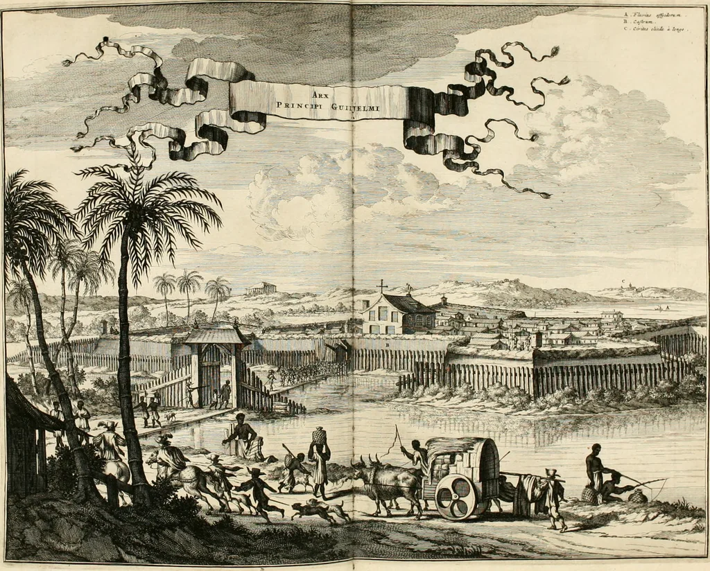 An illustration from De nieuwe en onbekende weereld, of, Beschryving van America en 't zuid-land : vervaetende d'oorsprong der Americaenen en zuid-landers, gedenkwaerdige togten derwaerds, gelegendheid der vaste kusten, eilanden, steden, sterkten, dorpen, tempels, bergen, fonteinen, stroomen, huisen, de natuur van beesten, boomen, planten en vreemde gewasschen, Gods-dienst en zeden, wonderlijke voorvallen, vereeuwde en nieuwe oorlogen: verciert met af-beeldsels na 't leven in America gemaekt,, 1671, leaf 589