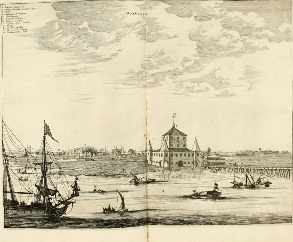 An illustration from De nieuwe en onbekende weereld, of, Beschryving van America en 't zuid-land : vervaetende d'oorsprong der Americaenen en zuid-landers, gedenkwaerdige togten derwaerds, gelegendheid der vaste kusten, eilanden, steden, sterkten, dorpen, tempels, bergen, fonteinen, stroomen, huisen, de natuur van beesten, boomen, planten en vreemde gewasschen, Gods-dienst en zeden, wonderlijke voorvallen, vereeuwde en nieuwe oorlogen: verciert met af-beeldsels na 't leven in America gemaekt,, 1671, leaf 595
