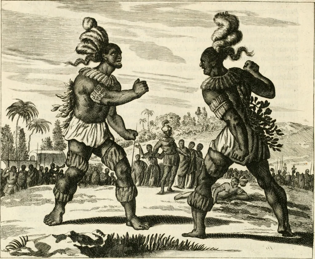 An illustration from De nieuwe en onbekende weereld, of, Beschryving van America en 't zuid-land : vervaetende d'oorsprong der Americaenen en zuid-landers, gedenkwaerdige togten derwaerds, gelegendheid der vaste kusten, eilanden, steden, sterkten, dorpen, tempels, bergen, fonteinen, stroomen, huisen, de natuur van beesten, boomen, planten en vreemde gewasschen, Gods-dienst en zeden, wonderlijke voorvallen, vereeuwde en nieuwe oorlogen: verciert met af-beeldsels na 't leven in America gemaekt,, 1671, leaf 613