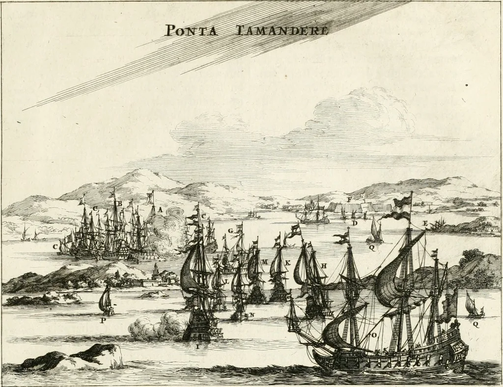 An illustration from De nieuwe en onbekende weereld, of, Beschryving van America en 't zuid-land : vervaetende d'oorsprong der Americaenen en zuid-landers, gedenkwaerdige togten derwaerds, gelegendheid der vaste kusten, eilanden, steden, sterkten, dorpen, tempels, bergen, fonteinen, stroomen, huisen, de natuur van beesten, boomen, planten en vreemde gewasschen, Gods-dienst en zeden, wonderlijke voorvallen, vereeuwde en nieuwe oorlogen: verciert met af-beeldsels na 't leven in America gemaekt,, 1671, leaf 622