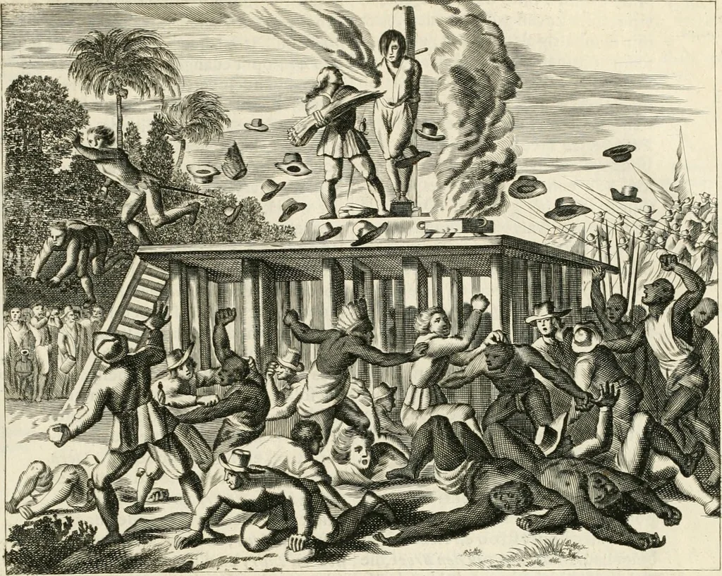An illustration from De nieuwe en onbekende weereld, of, Beschryving van America en 't zuid-land : vervaetende d'oorsprong der Americaenen en zuid-landers, gedenkwaerdige togten derwaerds, gelegendheid der vaste kusten, eilanden, steden, sterkten, dorpen, tempels, bergen, fonteinen, stroomen, huisen, de natuur van beesten, boomen, planten en vreemde gewasschen, Gods-dienst en zeden, wonderlijke voorvallen, vereeuwde en nieuwe oorlogen: verciert met af-beeldsels na 't leven in America gemaekt,, 1671, leaf 630