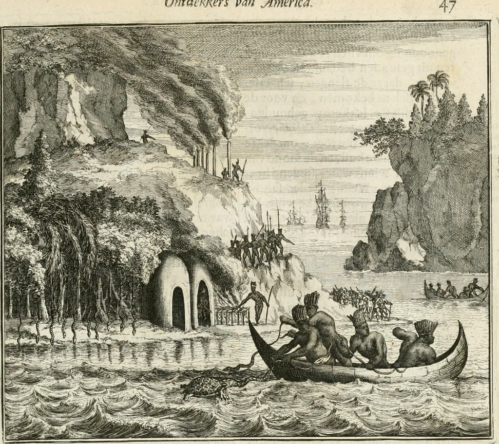An illustration from De nieuwe en onbekende weereld, of, Beschryving van America en 't zuid-land : vervaetende d'oorsprong der Americaenen en zuid-landers, gedenkwaerdige togten derwaerds, gelegendheid der vaste kusten, eilanden, steden, sterkten, dorpen, tempels, bergen, fonteinen, stroomen, huisen, de natuur van beesten, boomen, planten en vreemde gewasschen, Gods-dienst en zeden, wonderlijke voorvallen, vereeuwde en nieuwe oorlogen: verciert met af-beeldsels na 't leven in America gemaekt,, 1671, leaf 64