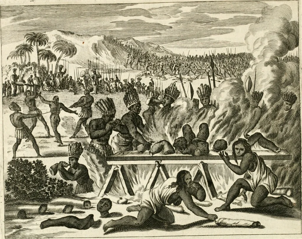 An illustration from De nieuwe en onbekende weereld, of, Beschryving van America en 't zuid-land : vervaetende d'oorsprong der Americaenen en zuid-landers, gedenkwaerdige togten derwaerds, gelegendheid der vaste kusten, eilanden, steden, sterkten, dorpen, tempels, bergen, fonteinen, stroomen, huisen, de natuur van beesten, boomen, planten en vreemde gewasschen, Gods-dienst en zeden, wonderlijke voorvallen, vereeuwde en nieuwe oorlogen: verciert met af-beeldsels na 't leven in America gemaekt,, 1671, leaf 645