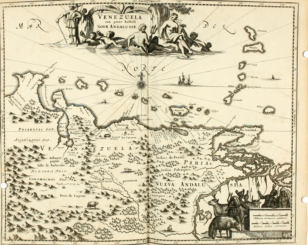 An illustration from De nieuwe en onbekende weereld, of, Beschryving van America en 't zuid-land : vervaetende d'oorsprong der Americaenen en zuid-landers, gedenkwaerdige togten derwaerds, gelegendheid der vaste kusten, eilanden, steden, sterkten, dorpen, tempels, bergen, fonteinen, stroomen, huisen, de natuur van beesten, boomen, planten en vreemde gewasschen, Gods-dienst en zeden, wonderlijke voorvallen, vereeuwde en nieuwe oorlogen: verciert met af-beeldsels na 't leven in America gemaekt,, 1671, leaf 667