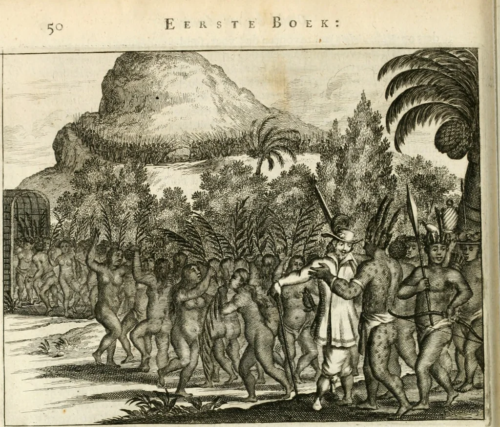 An illustration from De nieuwe en onbekende weereld, of, Beschryving van America en 't zuid-land : vervaetende d'oorsprong der Americaenen en zuid-landers, gedenkwaerdige togten derwaerds, gelegendheid der vaste kusten, eilanden, steden, sterkten, dorpen, tempels, bergen, fonteinen, stroomen, huisen, de natuur van beesten, boomen, planten en vreemde gewasschen, Gods-dienst en zeden, wonderlijke voorvallen, vereeuwde en nieuwe oorlogen: verciert met af-beeldsels na 't leven in America gemaekt,, 1671, leaf 67