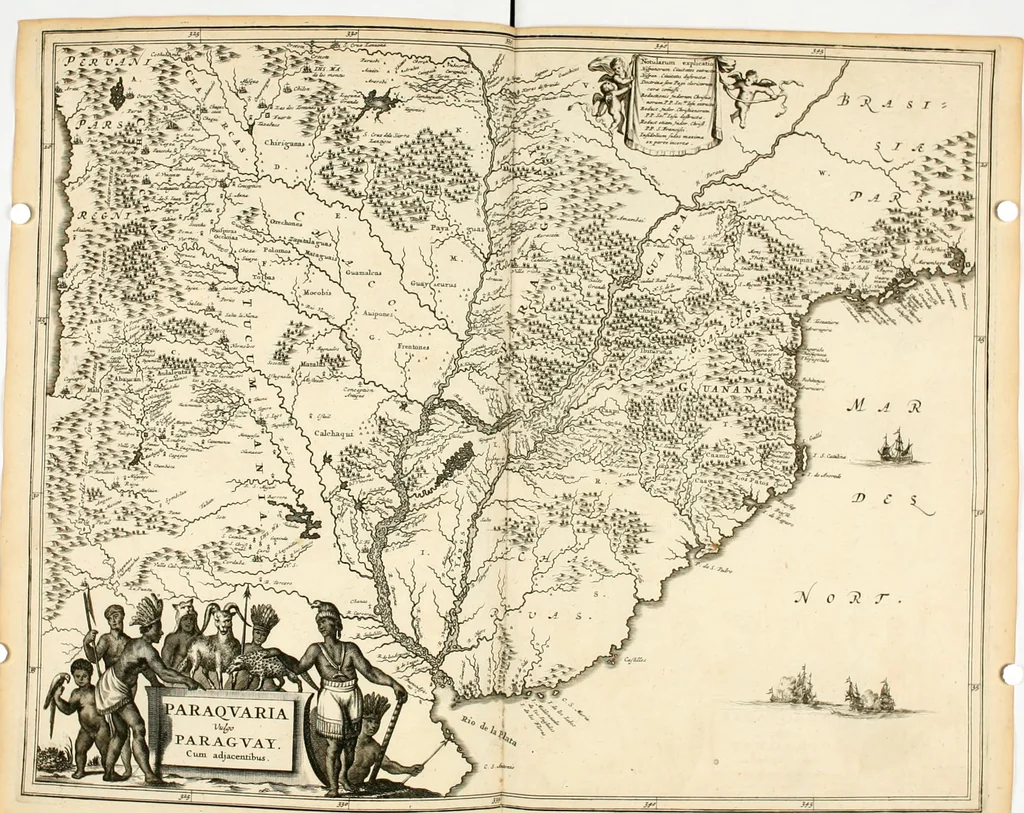 An illustration from De nieuwe en onbekende weereld, of, Beschryving van America en 't zuid-land : vervaetende d'oorsprong der Americaenen en zuid-landers, gedenkwaerdige togten derwaerds, gelegendheid der vaste kusten, eilanden, steden, sterkten, dorpen, tempels, bergen, fonteinen, stroomen, huisen, de natuur van beesten, boomen, planten en vreemde gewasschen, Gods-dienst en zeden, wonderlijke voorvallen, vereeuwde en nieuwe oorlogen: verciert met af-beeldsels na 't leven in America gemaekt,, 1671, leaf 671