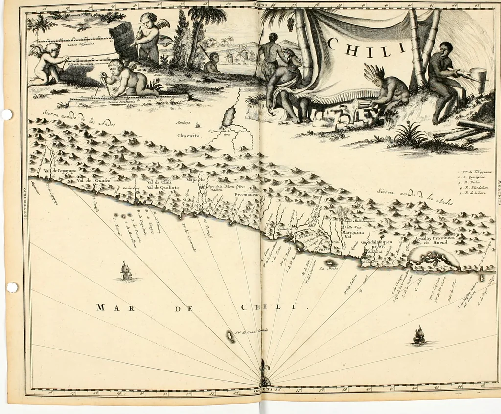 An illustration from De nieuwe en onbekende weereld, of, Beschryving van America en 't zuid-land : vervaetende d'oorsprong der Americaenen en zuid-landers, gedenkwaerdige togten derwaerds, gelegendheid der vaste kusten, eilanden, steden, sterkten, dorpen, tempels, bergen, fonteinen, stroomen, huisen, de natuur van beesten, boomen, planten en vreemde gewasschen, Gods-dienst en zeden, wonderlijke voorvallen, vereeuwde en nieuwe oorlogen: verciert met af-beeldsels na 't leven in America gemaekt,, 1671, leaf 677