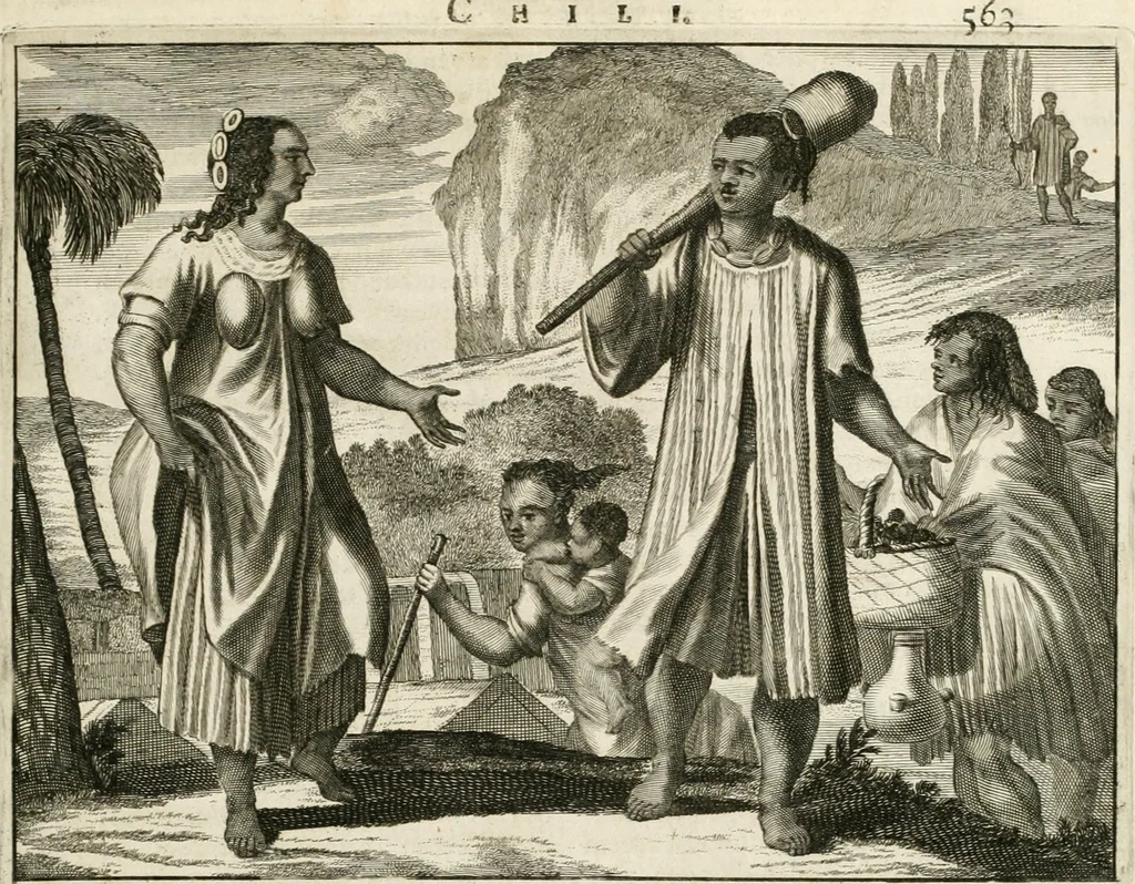 An illustration from De nieuwe en onbekende weereld, of, Beschryving van America en 't zuid-land : vervaetende d'oorsprong der Americaenen en zuid-landers, gedenkwaerdige togten derwaerds, gelegendheid der vaste kusten, eilanden, steden, sterkten, dorpen, tempels, bergen, fonteinen, stroomen, huisen, de natuur van beesten, boomen, planten en vreemde gewasschen, Gods-dienst en zeden, wonderlijke voorvallen, vereeuwde en nieuwe oorlogen: verciert met af-beeldsels na 't leven in America gemaekt,, 1671, leaf 682