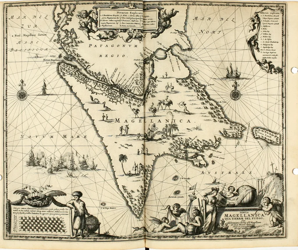 An illustration from De nieuwe en onbekende weereld, of, Beschryving van America en 't zuid-land : vervaetende d'oorsprong der Americaenen en zuid-landers, gedenkwaerdige togten derwaerds, gelegendheid der vaste kusten, eilanden, steden, sterkten, dorpen, tempels, bergen, fonteinen, stroomen, huisen, de natuur van beesten, boomen, planten en vreemde gewasschen, Gods-dienst en zeden, wonderlijke voorvallen, vereeuwde en nieuwe oorlogen: verciert met af-beeldsels na 't leven in America gemaekt,, 1671, leaf 693