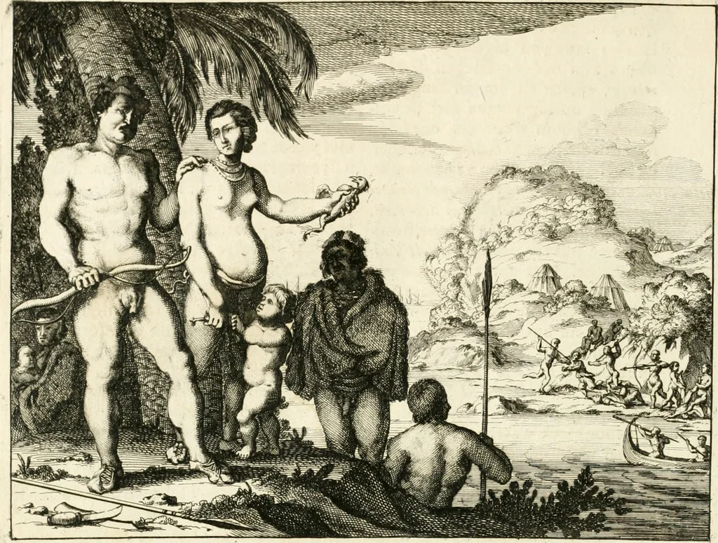 An illustration from De nieuwe en onbekende weereld, of, Beschryving van America en 't zuid-land : vervaetende d'oorsprong der Americaenen en zuid-landers, gedenkwaerdige togten derwaerds, gelegendheid der vaste kusten, eilanden, steden, sterkten, dorpen, tempels, bergen, fonteinen, stroomen, huisen, de natuur van beesten, boomen, planten en vreemde gewasschen, Gods-dienst en zeden, wonderlijke voorvallen, vereeuwde en nieuwe oorlogen: verciert met af-beeldsels na 't leven in America gemaekt,, 1671, leaf 697