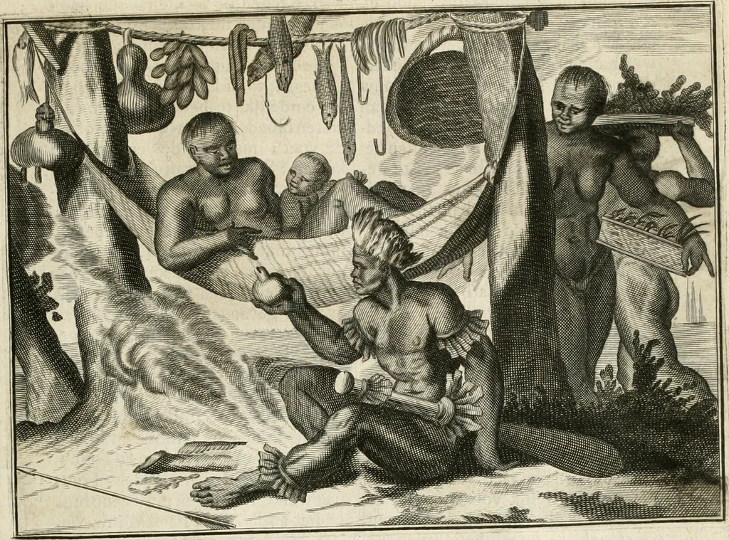An illustration from De nieuwe en onbekende weereld, of, Beschryving van America en 't zuid-land : vervaetende d'oorsprong der Americaenen en zuid-landers, gedenkwaerdige togten derwaerds, gelegendheid der vaste kusten, eilanden, steden, sterkten, dorpen, tempels, bergen, fonteinen, stroomen, huisen, de natuur van beesten, boomen, planten en vreemde gewasschen, Gods-dienst en zeden, wonderlijke voorvallen, vereeuwde en nieuwe oorlogen: verciert met af-beeldsels na 't leven in America gemaekt,, 1671, leaf 76