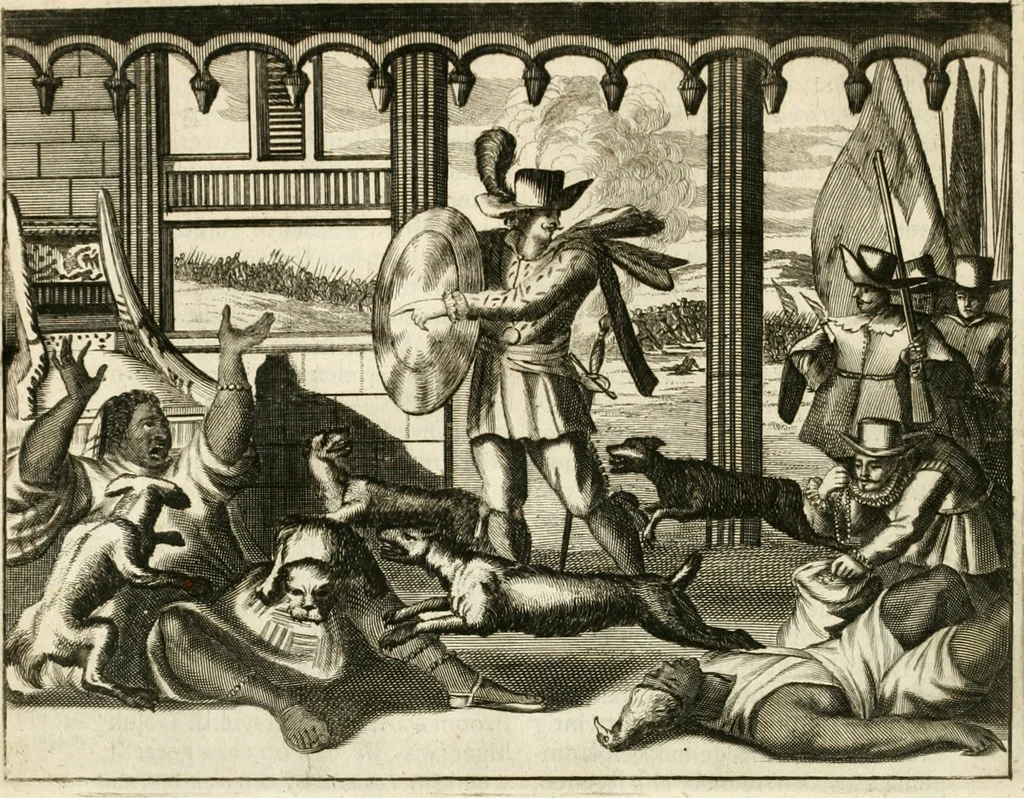 An illustration from De nieuwe en onbekende weereld, of, Beschryving van America en 't zuid-land : vervaetende d'oorsprong der Americaenen en zuid-landers, gedenkwaerdige togten derwaerds, gelegendheid der vaste kusten, eilanden, steden, sterkten, dorpen, tempels, bergen, fonteinen, stroomen, huisen, de natuur van beesten, boomen, planten en vreemde gewasschen, Gods-dienst en zeden, wonderlijke voorvallen, vereeuwde en nieuwe oorlogen: verciert met af-beeldsels na 't leven in America gemaekt,, 1671, leaf 87