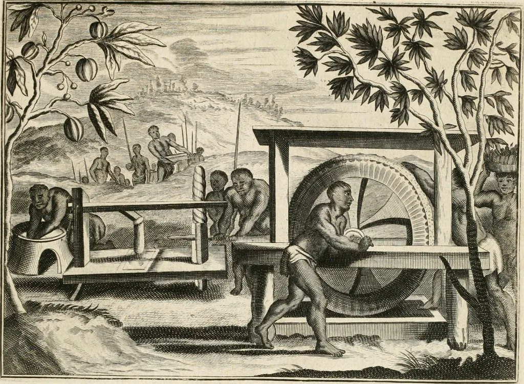 An illustration from De nieuwe en onbekende weereld, of, Beschryving van America en 't zuid-land : vervaetende d'oorsprong der Americaenen en zuid-landers, gedenkwaerdige togten derwaerds, gelegendheid der vaste kusten, eilanden, steden, sterkten, dorpen, tempels, bergen, fonteinen, stroomen, huisen, de natuur van beesten, boomen, planten en vreemde gewasschen, Gods-dienst en zeden, wonderlijke voorvallen, vereeuwde en nieuwe oorlogen: verciert met af-beeldsels na 't leven in America gemaekt,, 1671, leaf 90