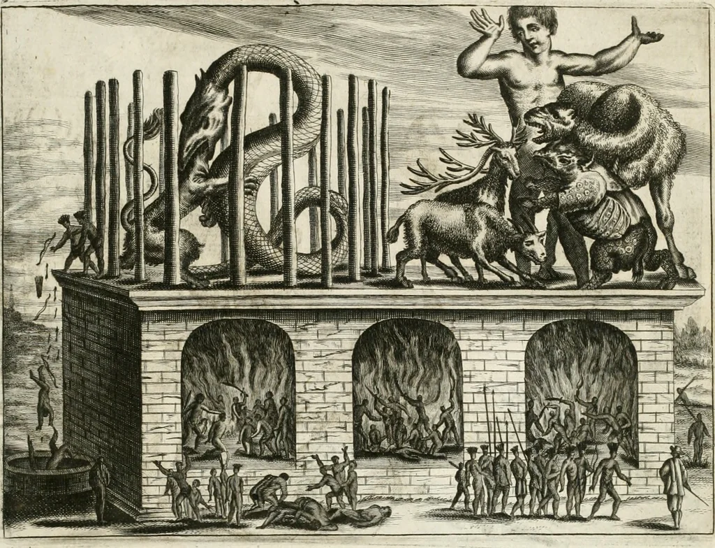 An illustration from De nieuwe en onbekende weereld, of, Beschryving van America en 't zuid-land : vervaetende d'oorsprong der Americaenen en zuid-landers, gedenkwaerdige togten derwaerds, gelegendheid der vaste kusten, eilanden, steden, sterkten, dorpen, tempels, bergen, fonteinen, stroomen, huisen, de natuur van beesten, boomen, planten en vreemde gewasschen, Gods-dienst en zeden, wonderlijke voorvallen, vereeuwde en nieuwe oorlogen: verciert met af-beeldsels na 't leven in America gemaekt,, 1671, leaf 94
