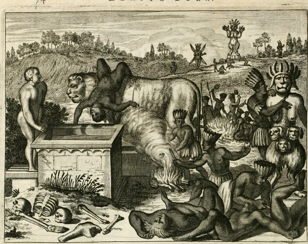 An illustration from De nieuwe en onbekende weereld, of, Beschryving van America en 't zuid-land : vervaetende d'oorsprong der Americaenen en zuid-landers, gedenkwaerdige togten derwaerds, gelegendheid der vaste kusten, eilanden, steden, sterkten, dorpen, tempels, bergen, fonteinen, stroomen, huisen, de natuur van beesten, boomen, planten en vreemde gewasschen, Gods-dienst en zeden, wonderlijke voorvallen, vereeuwde en nieuwe oorlogen: verciert met af-beeldsels na 't leven in America gemaekt,, 1671, leaf 95