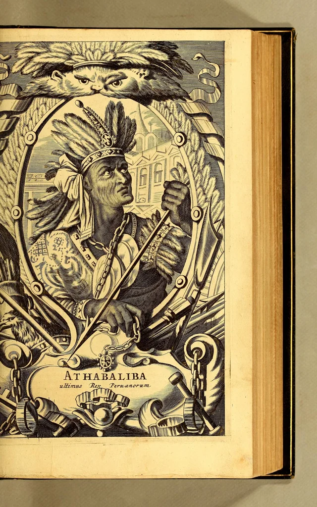 An illustration from De Nieuwe en onbekende Weereld: of Beschryving van America en 't Zuid-Land, : vervaetende d'oorsprong der Americænen en Zuid-Landers, gedenkwaerdige togten derwaerds, gelegendheid der vaste kusten, eilanden, steden, sterkten, dorpen, tempels, bergen, fonteinen, stroomen, huisen, de natuur van beesten, boomen, planten en vreemde gewasschen, gods-dienst en zeden, wonderlijke voorvallen, vereeuwde en nieuwe oorloogen: Verciert met af-beeldsels na 't leven in America gemaekt,, 1671, leaf 121
