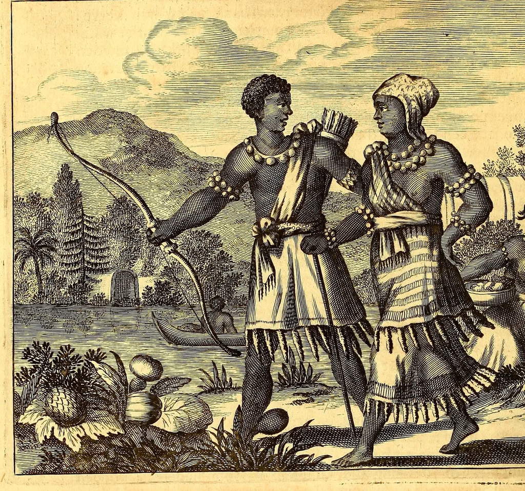 An illustration from De Nieuwe en onbekende Weereld: of Beschryving van America en 't Zuid-Land, : vervaetende d'oorsprong der Americænen en Zuid-Landers, gedenkwaerdige togten derwaerds, gelegendheid der vaste kusten, eilanden, steden, sterkten, dorpen, tempels, bergen, fonteinen, stroomen, huisen, de natuur van beesten, boomen, planten en vreemde gewasschen, gods-dienst en zeden, wonderlijke voorvallen, vereeuwde en nieuwe oorloogen: Verciert met af-beeldsels na 't leven in America gemaekt,, 1671, leaf 170