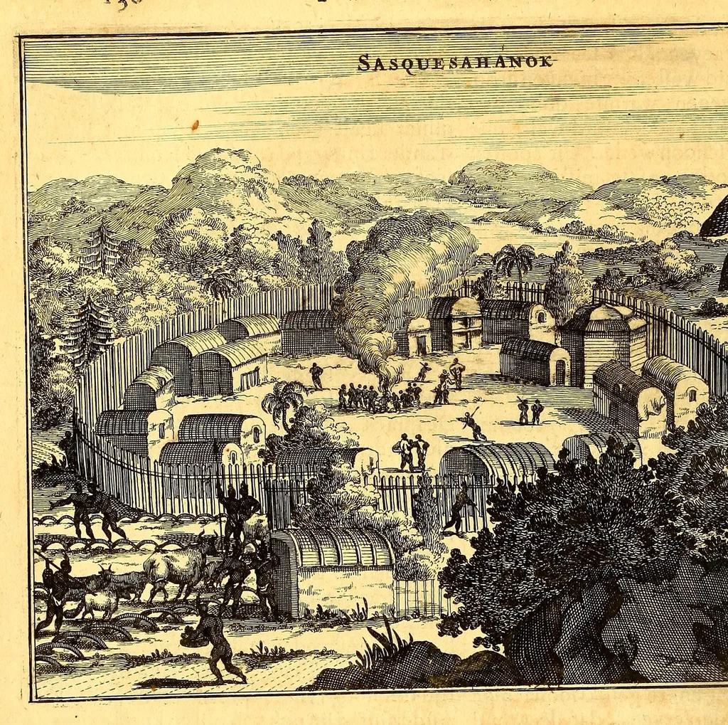 An illustration from De Nieuwe en onbekende Weereld: of Beschryving van America en 't Zuid-Land, : vervaetende d'oorsprong der Americænen en Zuid-Landers, gedenkwaerdige togten derwaerds, gelegendheid der vaste kusten, eilanden, steden, sterkten, dorpen, tempels, bergen, fonteinen, stroomen, huisen, de natuur van beesten, boomen, planten en vreemde gewasschen, gods-dienst en zeden, wonderlijke voorvallen, vereeuwde en nieuwe oorloogen: Verciert met af-beeldsels na 't leven in America gemaekt,, 1671, leaf 180