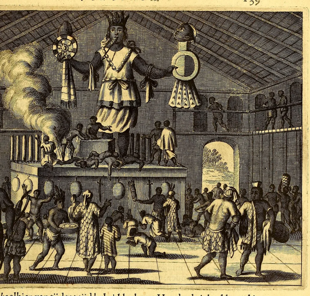 An illustration from De Nieuwe en onbekende Weereld: of Beschryving van America en 't Zuid-Land, : vervaetende d'oorsprong der Americænen en Zuid-Landers, gedenkwaerdige togten derwaerds, gelegendheid der vaste kusten, eilanden, steden, sterkten, dorpen, tempels, bergen, fonteinen, stroomen, huisen, de natuur van beesten, boomen, planten en vreemde gewasschen, gods-dienst en zeden, wonderlijke voorvallen, vereeuwde en nieuwe oorloogen: Verciert met af-beeldsels na 't leven in America gemaekt,, 1671, leaf 183