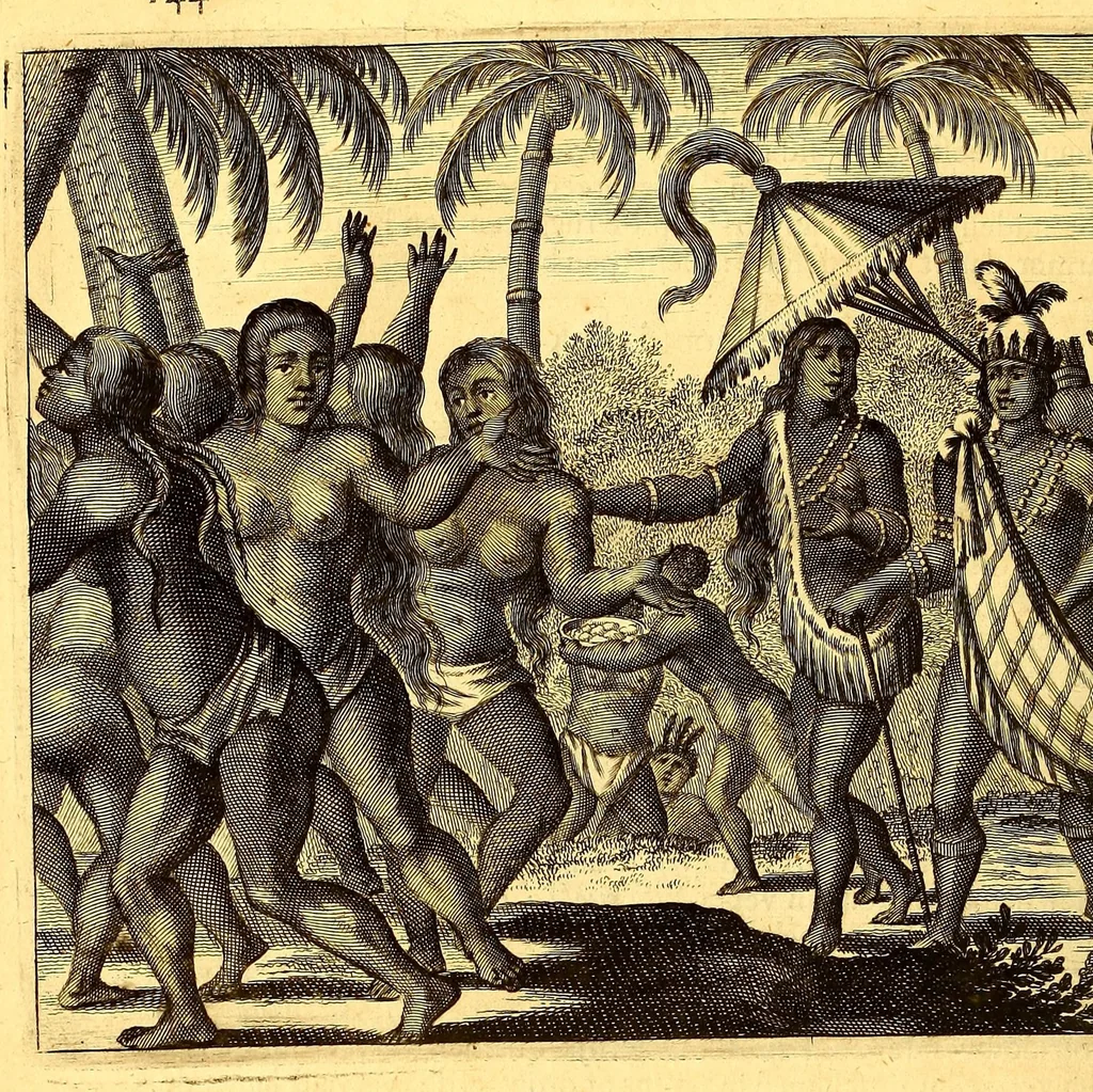 An illustration from De Nieuwe en onbekende Weereld: of Beschryving van America en 't Zuid-Land, : vervaetende d'oorsprong der Americænen en Zuid-Landers, gedenkwaerdige togten derwaerds, gelegendheid der vaste kusten, eilanden, steden, sterkten, dorpen, tempels, bergen, fonteinen, stroomen, huisen, de natuur van beesten, boomen, planten en vreemde gewasschen, gods-dienst en zeden, wonderlijke voorvallen, vereeuwde en nieuwe oorloogen: Verciert met af-beeldsels na 't leven in America gemaekt,, 1671, leaf 192