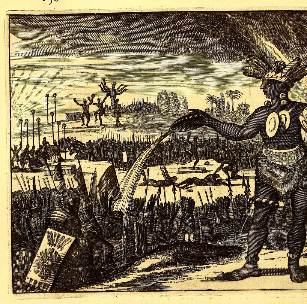 An illustration from De Nieuwe en onbekende Weereld: of Beschryving van America en 't Zuid-Land, : vervaetende d'oorsprong der Americænen en Zuid-Landers, gedenkwaerdige togten derwaerds, gelegendheid der vaste kusten, eilanden, steden, sterkten, dorpen, tempels, bergen, fonteinen, stroomen, huisen, de natuur van beesten, boomen, planten en vreemde gewasschen, gods-dienst en zeden, wonderlijke voorvallen, vereeuwde en nieuwe oorloogen: Verciert met af-beeldsels na 't leven in America gemaekt,, 1671, leaf 202