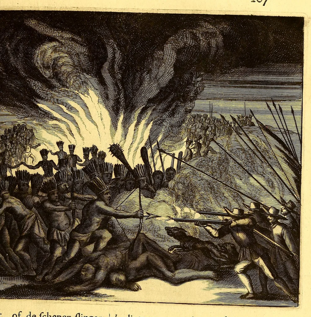 An illustration from De Nieuwe en onbekende Weereld: of Beschryving van America en 't Zuid-Land, : vervaetende d'oorsprong der Americænen en Zuid-Landers, gedenkwaerdige togten derwaerds, gelegendheid der vaste kusten, eilanden, steden, sterkten, dorpen, tempels, bergen, fonteinen, stroomen, huisen, de natuur van beesten, boomen, planten en vreemde gewasschen, gods-dienst en zeden, wonderlijke voorvallen, vereeuwde en nieuwe oorloogen: Verciert met af-beeldsels na 't leven in America gemaekt,, 1671, leaf 283
