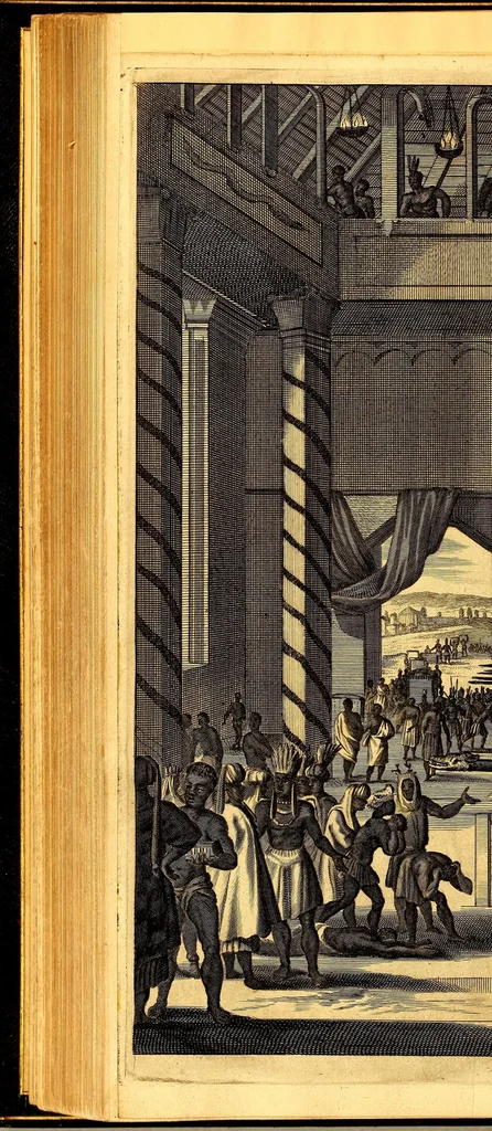 An illustration from De Nieuwe en onbekende Weereld: of Beschryving van America en 't Zuid-Land, : vervaetende d'oorsprong der Americænen en Zuid-Landers, gedenkwaerdige togten derwaerds, gelegendheid der vaste kusten, eilanden, steden, sterkten, dorpen, tempels, bergen, fonteinen, stroomen, huisen, de natuur van beesten, boomen, planten en vreemde gewasschen, gods-dienst en zeden, wonderlijke voorvallen, vereeuwde en nieuwe oorloogen: Verciert met af-beeldsels na 't leven in America gemaekt,, 1671, leaf 298