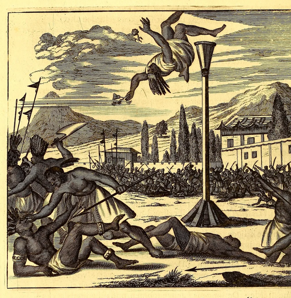 An illustration from De Nieuwe en onbekende Weereld: of Beschryving van America en 't Zuid-Land, : vervaetende d'oorsprong der Americænen en Zuid-Landers, gedenkwaerdige togten derwaerds, gelegendheid der vaste kusten, eilanden, steden, sterkten, dorpen, tempels, bergen, fonteinen, stroomen, huisen, de natuur van beesten, boomen, planten en vreemde gewasschen, gods-dienst en zeden, wonderlijke voorvallen, vereeuwde en nieuwe oorloogen: Verciert met af-beeldsels na 't leven in America gemaekt,, 1671, leaf 330