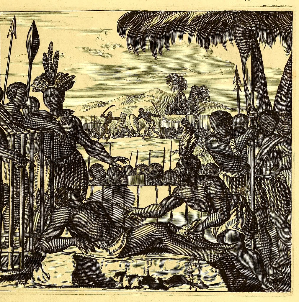 An illustration from De Nieuwe en onbekende Weereld: of Beschryving van America en 't Zuid-Land, : vervaetende d'oorsprong der Americænen en Zuid-Landers, gedenkwaerdige togten derwaerds, gelegendheid der vaste kusten, eilanden, steden, sterkten, dorpen, tempels, bergen, fonteinen, stroomen, huisen, de natuur van beesten, boomen, planten en vreemde gewasschen, gods-dienst en zeden, wonderlijke voorvallen, vereeuwde en nieuwe oorloogen: Verciert met af-beeldsels na 't leven in America gemaekt,, 1671, leaf 343