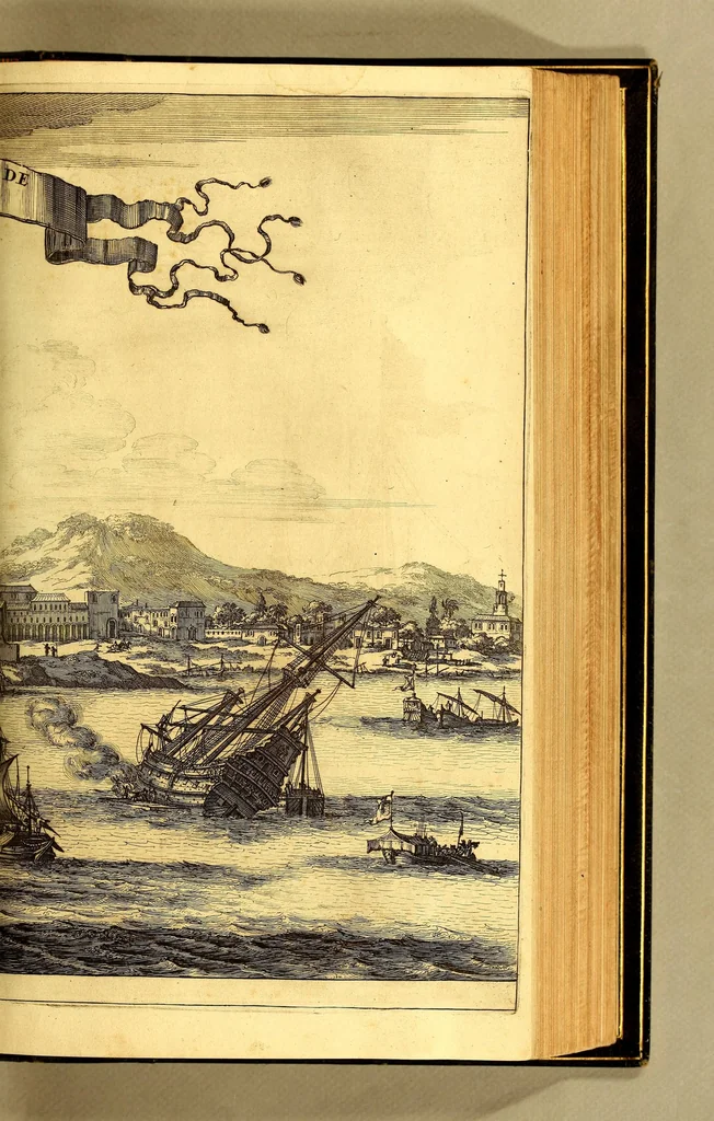 An illustration from De Nieuwe en onbekende Weereld: of Beschryving van America en 't Zuid-Land, : vervaetende d'oorsprong der Americænen en Zuid-Landers, gedenkwaerdige togten derwaerds, gelegendheid der vaste kusten, eilanden, steden, sterkten, dorpen, tempels, bergen, fonteinen, stroomen, huisen, de natuur van beesten, boomen, planten en vreemde gewasschen, gods-dienst en zeden, wonderlijke voorvallen, vereeuwde en nieuwe oorloogen: Verciert met af-beeldsels na 't leven in America gemaekt,, 1671, leaf 355