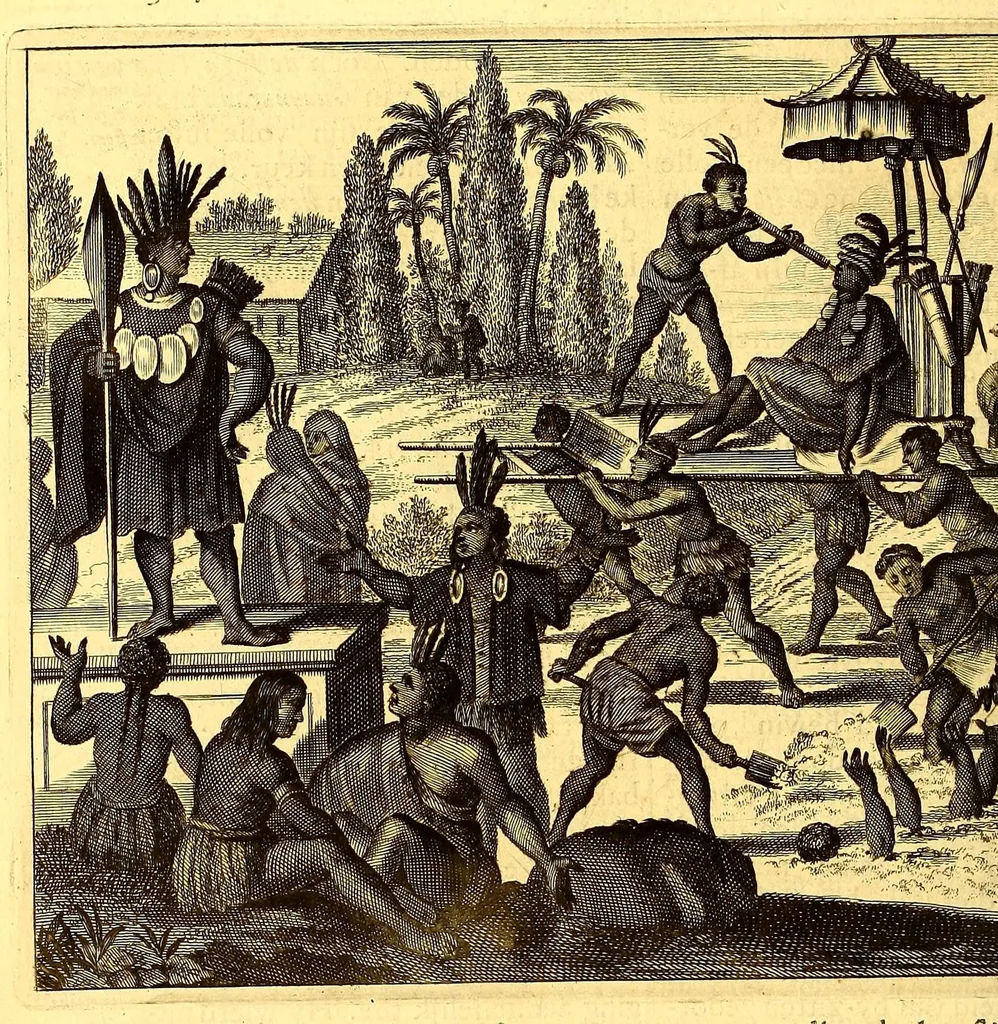 An illustration from De Nieuwe en onbekende Weereld: of Beschryving van America en 't Zuid-Land, : vervaetende d'oorsprong der Americænen en Zuid-Landers, gedenkwaerdige togten derwaerds, gelegendheid der vaste kusten, eilanden, steden, sterkten, dorpen, tempels, bergen, fonteinen, stroomen, huisen, de natuur van beesten, boomen, planten en vreemde gewasschen, gods-dienst en zeden, wonderlijke voorvallen, vereeuwde en nieuwe oorloogen: Verciert met af-beeldsels na 't leven in America gemaekt,, 1671, leaf 422