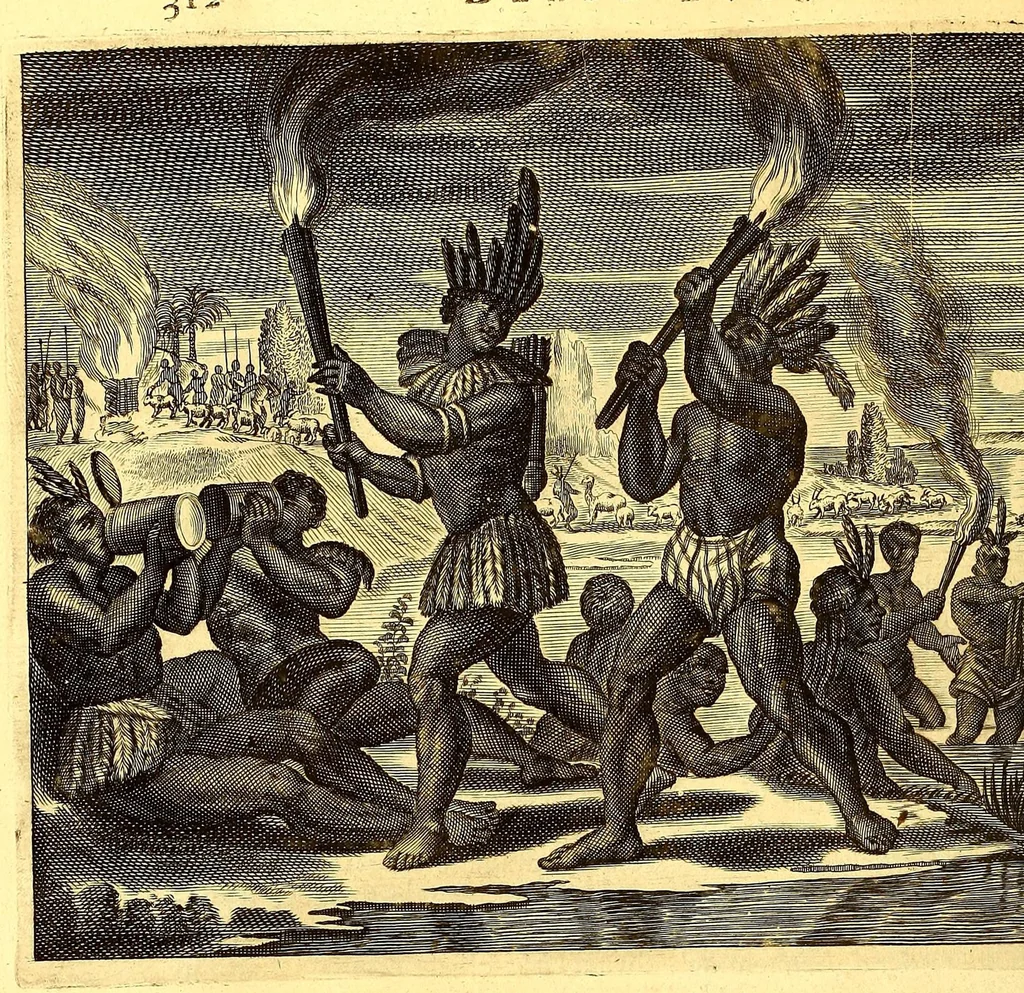 An illustration from De Nieuwe en onbekende Weereld: of Beschryving van America en 't Zuid-Land, : vervaetende d'oorsprong der Americænen en Zuid-Landers, gedenkwaerdige togten derwaerds, gelegendheid der vaste kusten, eilanden, steden, sterkten, dorpen, tempels, bergen, fonteinen, stroomen, huisen, de natuur van beesten, boomen, planten en vreemde gewasschen, gods-dienst en zeden, wonderlijke voorvallen, vereeuwde en nieuwe oorloogen: Verciert met af-beeldsels na 't leven in America gemaekt,, 1671, leaf 430