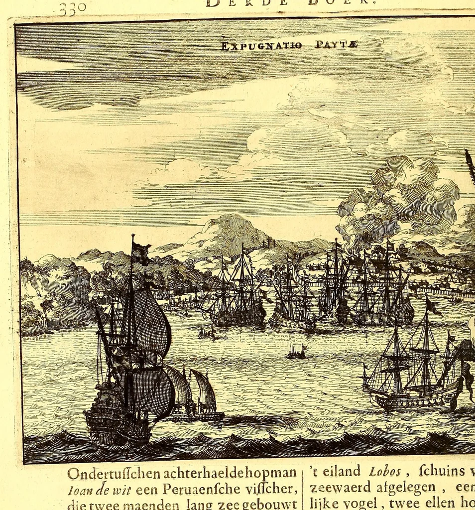 An illustration from De Nieuwe en onbekende Weereld: of Beschryving van America en 't Zuid-Land, : vervaetende d'oorsprong der Americænen en Zuid-Landers, gedenkwaerdige togten derwaerds, gelegendheid der vaste kusten, eilanden, steden, sterkten, dorpen, tempels, bergen, fonteinen, stroomen, huisen, de natuur van beesten, boomen, planten en vreemde gewasschen, gods-dienst en zeden, wonderlijke voorvallen, vereeuwde en nieuwe oorloogen: Verciert met af-beeldsels na 't leven in America gemaekt,, 1671, leaf 450