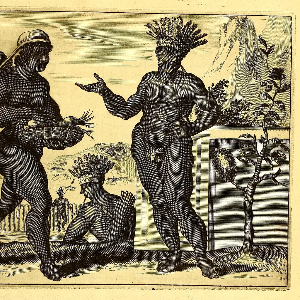 An illustration from De Nieuwe en onbekende Weereld: of Beschryving van America en 't Zuid-Land, : vervaetende d'oorsprong der Americænen en Zuid-Landers, gedenkwaerdige togten derwaerds, gelegendheid der vaste kusten, eilanden, steden, sterkten, dorpen, tempels, bergen, fonteinen, stroomen, huisen, de natuur van beesten, boomen, planten en vreemde gewasschen, gods-dienst en zeden, wonderlijke voorvallen, vereeuwde en nieuwe oorloogen: Verciert met af-beeldsels na 't leven in America gemaekt,, 1671, leaf 499