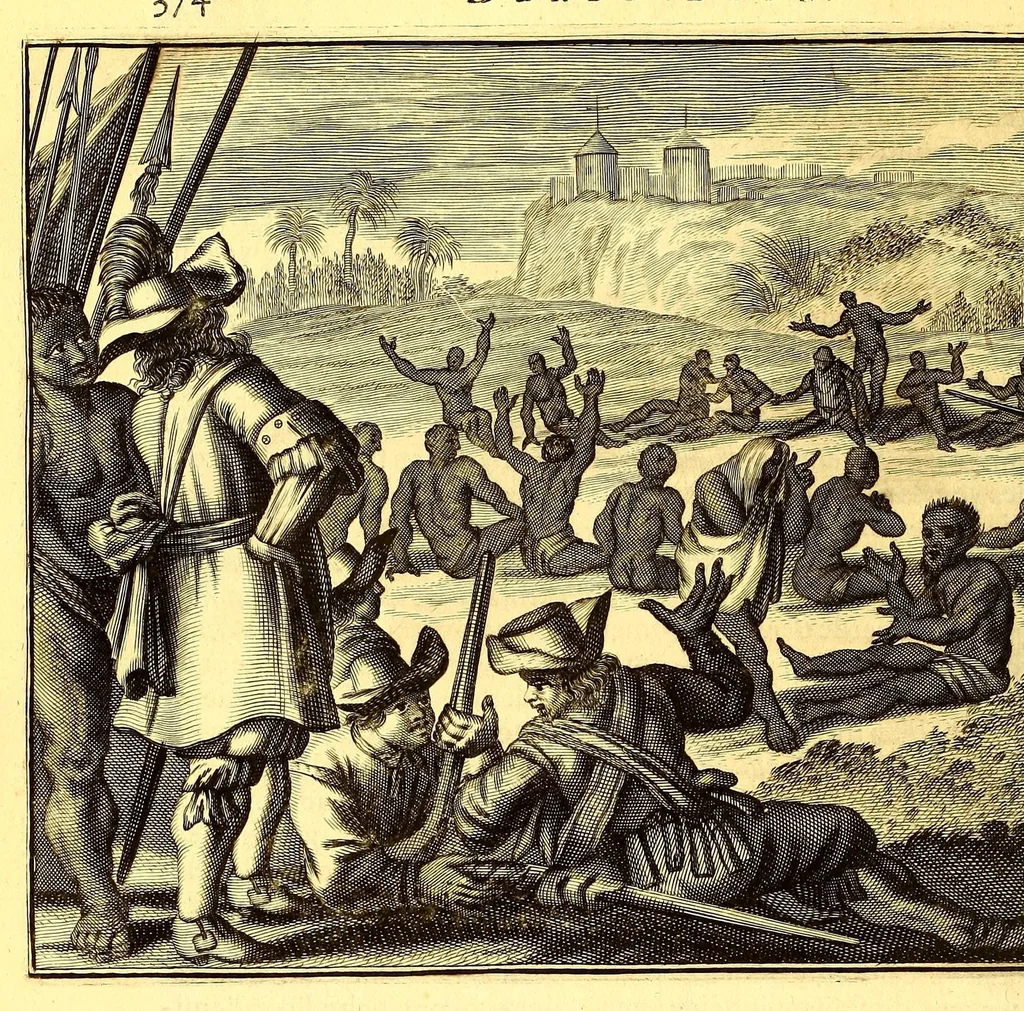 An illustration from De Nieuwe en onbekende Weereld: of Beschryving van America en 't Zuid-Land, : vervaetende d'oorsprong der Americænen en Zuid-Landers, gedenkwaerdige togten derwaerds, gelegendheid der vaste kusten, eilanden, steden, sterkten, dorpen, tempels, bergen, fonteinen, stroomen, huisen, de natuur van beesten, boomen, planten en vreemde gewasschen, gods-dienst en zeden, wonderlijke voorvallen, vereeuwde en nieuwe oorloogen: Verciert met af-beeldsels na 't leven in America gemaekt,, 1671, leaf 510