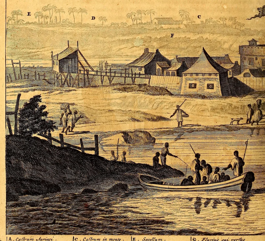 An illustration from De Nieuwe en onbekende Weereld: of Beschryving van America en 't Zuid-Land, : vervaetende d'oorsprong der Americænen en Zuid-Landers, gedenkwaerdige togten derwaerds, gelegendheid der vaste kusten, eilanden, steden, sterkten, dorpen, tempels, bergen, fonteinen, stroomen, huisen, de natuur van beesten, boomen, planten en vreemde gewasschen, gods-dienst en zeden, wonderlijke voorvallen, vereeuwde en nieuwe oorloogen: Verciert met af-beeldsels na 't leven in America gemaekt,, 1671, leaf 536