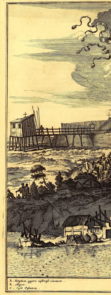 An illustration from De Nieuwe en onbekende Weereld: of Beschryving van America en 't Zuid-Land, : vervaetende d'oorsprong der Americænen en Zuid-Landers, gedenkwaerdige togten derwaerds, gelegendheid der vaste kusten, eilanden, steden, sterkten, dorpen, tempels, bergen, fonteinen, stroomen, huisen, de natuur van beesten, boomen, planten en vreemde gewasschen, gods-dienst en zeden, wonderlijke voorvallen, vereeuwde en nieuwe oorloogen: Verciert met af-beeldsels na 't leven in America gemaekt,, 1671, leaf 600