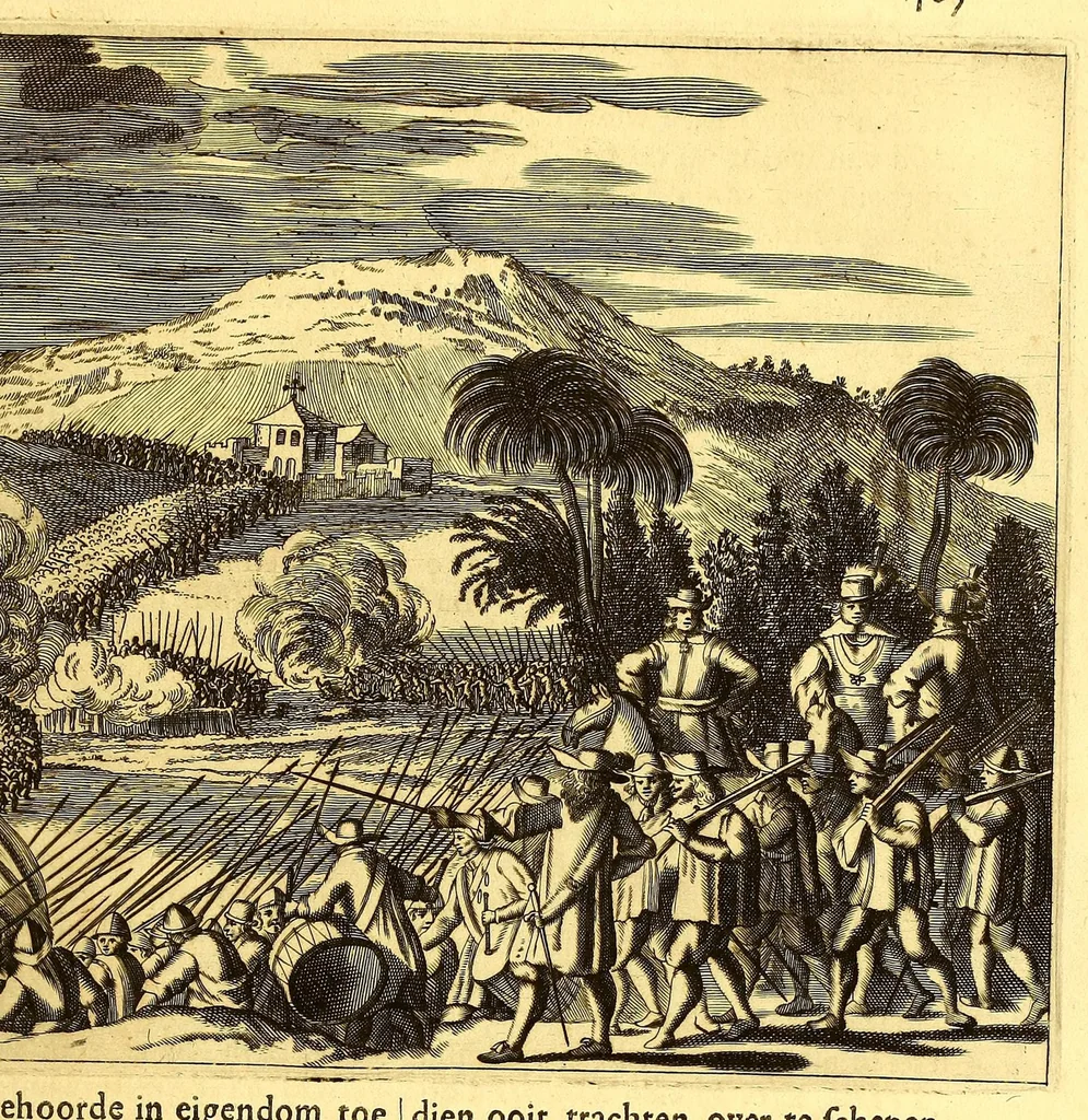 An illustration from De Nieuwe en onbekende Weereld: of Beschryving van America en 't Zuid-Land, : vervaetende d'oorsprong der Americænen en Zuid-Landers, gedenkwaerdige togten derwaerds, gelegendheid der vaste kusten, eilanden, steden, sterkten, dorpen, tempels, bergen, fonteinen, stroomen, huisen, de natuur van beesten, boomen, planten en vreemde gewasschen, gods-dienst en zeden, wonderlijke voorvallen, vereeuwde en nieuwe oorloogen: Verciert met af-beeldsels na 't leven in America gemaekt,, 1671, leaf 643