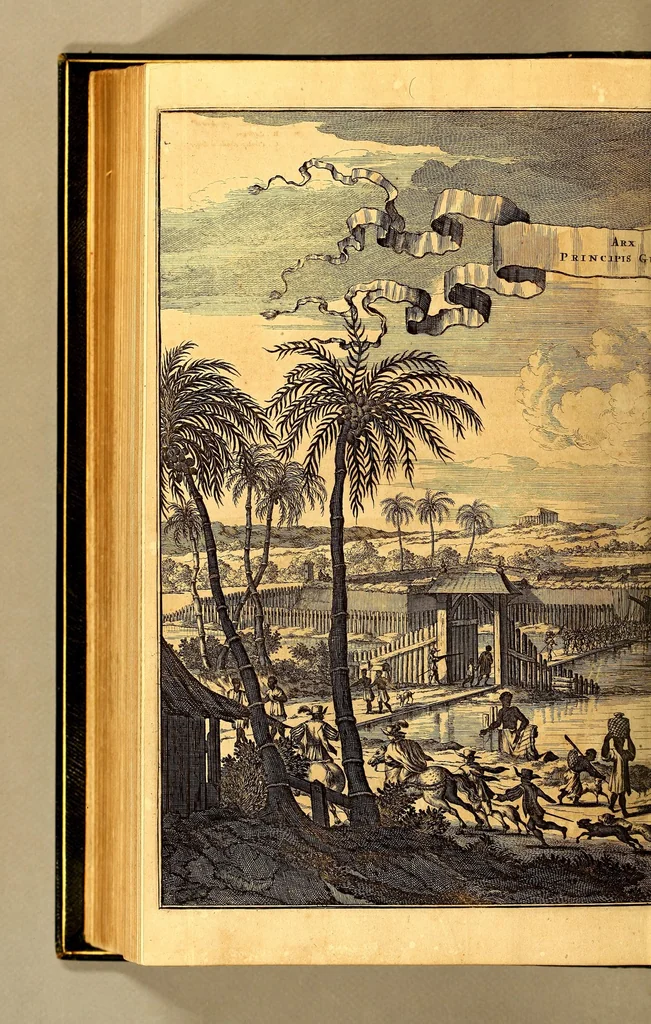 An illustration from De Nieuwe en onbekende Weereld: of Beschryving van America en 't Zuid-Land, : vervaetende d'oorsprong der Americænen en Zuid-Landers, gedenkwaerdige togten derwaerds, gelegendheid der vaste kusten, eilanden, steden, sterkten, dorpen, tempels, bergen, fonteinen, stroomen, huisen, de natuur van beesten, boomen, planten en vreemde gewasschen, gods-dienst en zeden, wonderlijke voorvallen, vereeuwde en nieuwe oorloogen: Verciert met af-beeldsels na 't leven in America gemaekt,, 1671, leaf 668