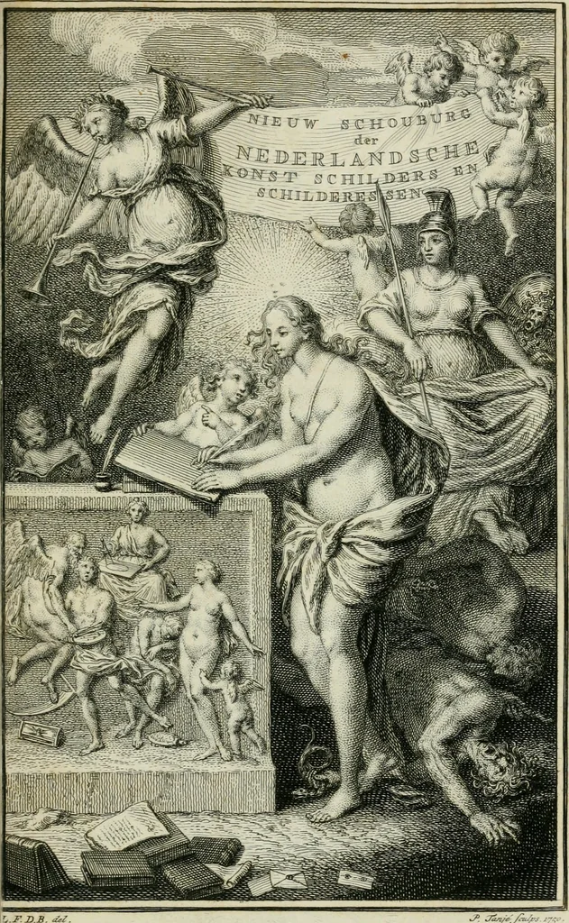 An illustration from De nieuwe schouburg der Nederlantsche kunstschilders en schilderessen: waer in levens-en kunstbedryven der tans levende en reets overleedene schilders, die van Houbraken, noch eenig ander schryver, zyn aengeteekend, verhaelt worden, 1750, leaf 8