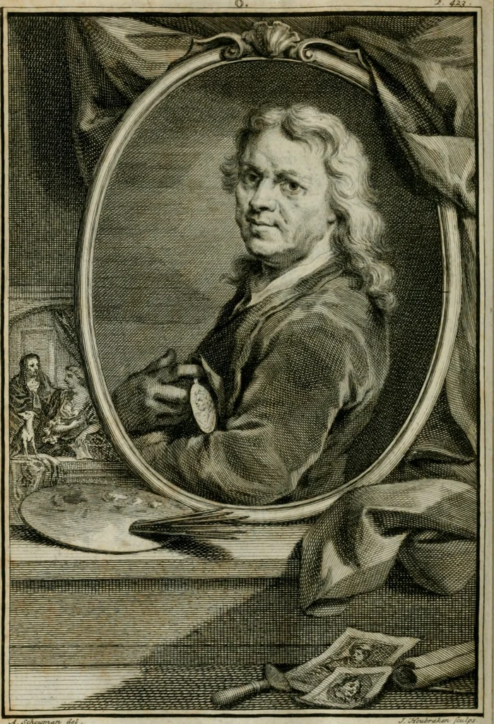 An illustration from De nieuwe schouburg der Nederlantsche kunstschilders en schilderessen: waer in levens-en kunstbedryven der tans levende en reets overleedene schilders, die van Houbraken, noch eenig ander schryver, zyn aengeteekend, verhaelt worden, 1750, leaf 471