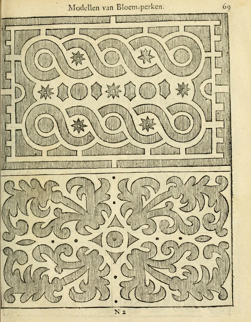 An illustration from Den nederlandtsen hovenier : zijnde het I. deel van het Vermakelijck land-leven, beschrijbende alderhande princelijke en heerlijcke lusthoven en hofsteden; en hoeman de selve, met veelderley uytnemende boomen, bloemen en kruyden, kan beplanted, bezaeyen, en vercieren ..., 1699, leaf 103
