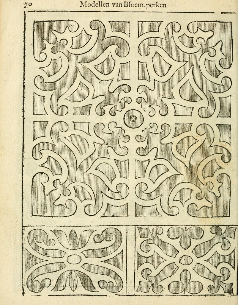 An illustration from Den nederlandtsen hovenier : zijnde het I. deel van het Vermakelijck land-leven, beschrijbende alderhande princelijke en heerlijcke lusthoven en hofsteden; en hoeman de selve, met veelderley uytnemende boomen, bloemen en kruyden, kan beplanted, bezaeyen, en vercieren ..., 1699, leaf 104