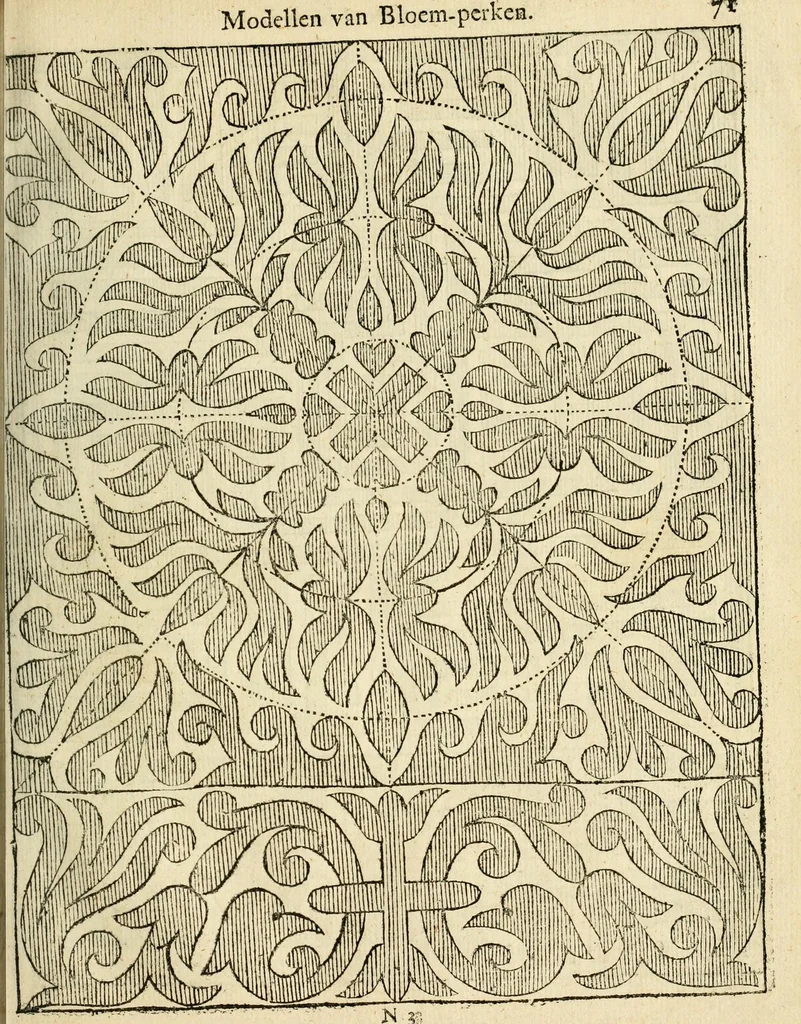 An illustration from Den nederlandtsen hovenier : zijnde het I. deel van het Vermakelijck land-leven, beschrijbende alderhande princelijke en heerlijcke lusthoven en hofsteden; en hoeman de selve, met veelderley uytnemende boomen, bloemen en kruyden, kan beplanted, bezaeyen, en vercieren ..., 1699, leaf 105