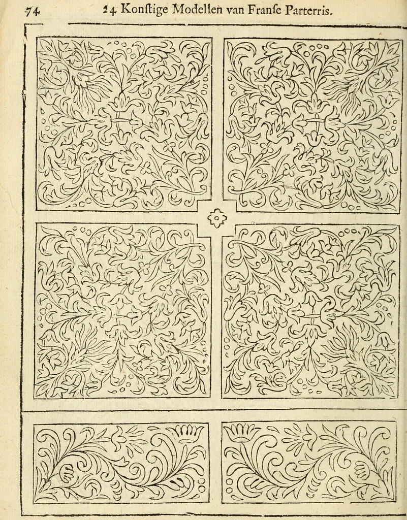 An illustration from Den nederlandtsen hovenier : zijnde het I. deel van het Vermakelijck land-leven, beschrijbende alderhande princelijke en heerlijcke lusthoven en hofsteden; en hoeman de selve, met veelderley uytnemende boomen, bloemen en kruyden, kan beplanted, bezaeyen, en vercieren ..., 1699, leaf 108
