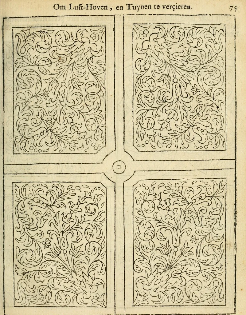 An illustration from Den nederlandtsen hovenier : zijnde het I. deel van het Vermakelijck land-leven, beschrijbende alderhande princelijke en heerlijcke lusthoven en hofsteden; en hoeman de selve, met veelderley uytnemende boomen, bloemen en kruyden, kan beplanted, bezaeyen, en vercieren ..., 1699, leaf 109